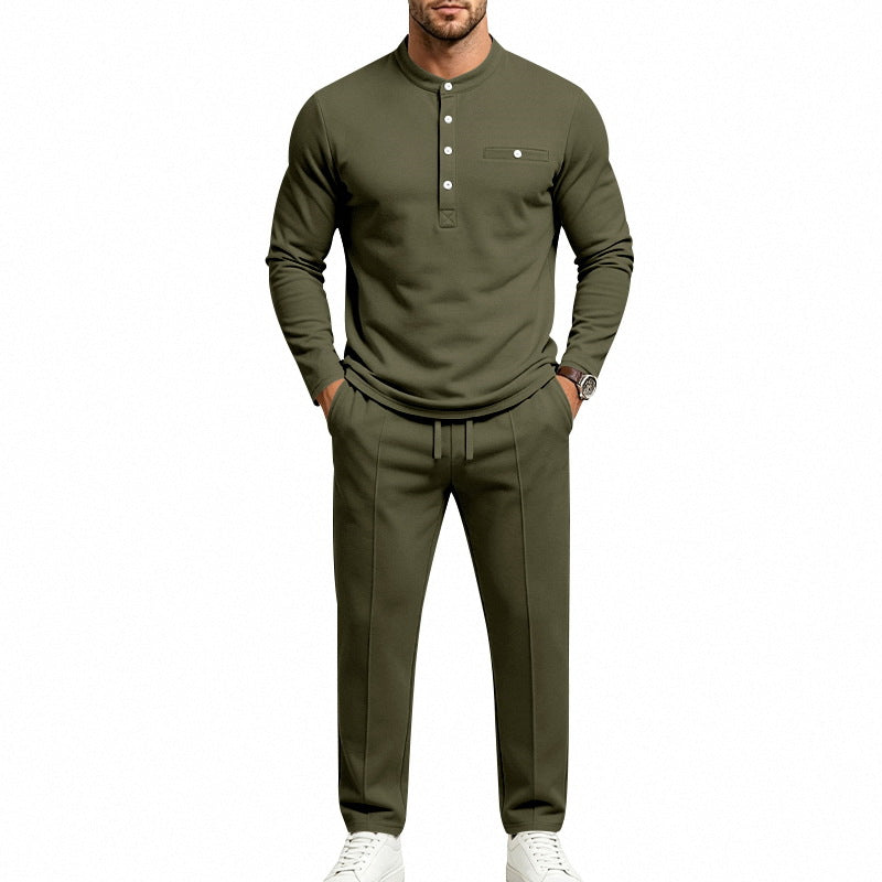 Herren Zweiteiliges Freizeitset mit Henley-Langarmshirt, Stehkragen und Komfort-Jogginghose – Sorevano