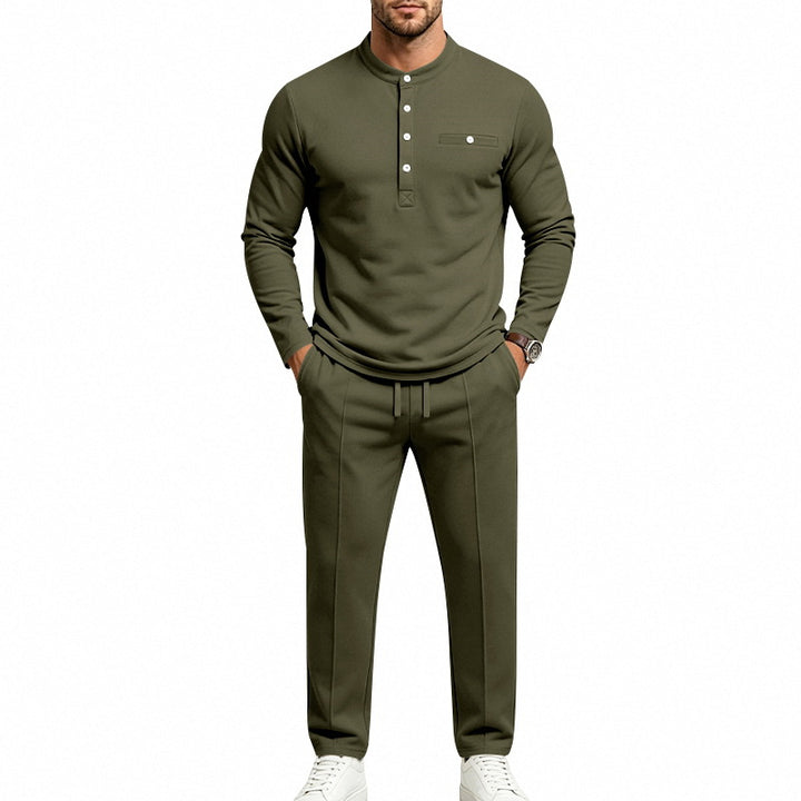Herren Zweiteiliges Freizeitset mit Henley-Langarmshirt, Stehkragen und Komfort-Jogginghose – Sorevano
