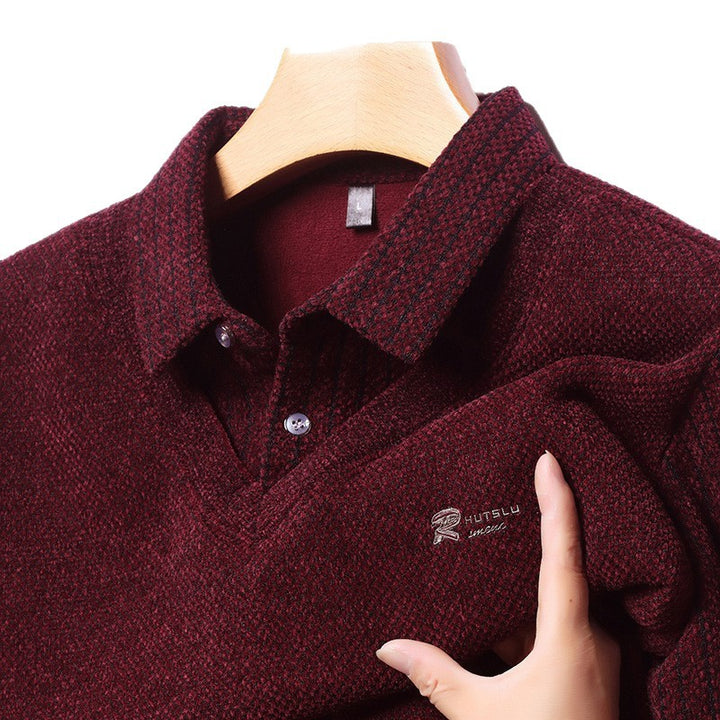 Herren eleganter V-Pullover mit strukturierten Ärmeln und klassischem Hemdkragen Echoarchiv