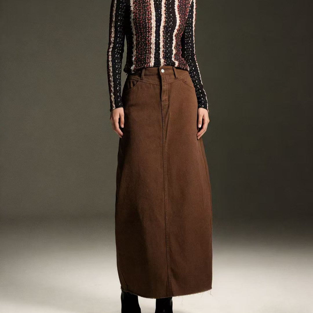 Damen nan langer High-Waist Denim-Maxirock mit gerader Silhouette und rohem Saum Echo Archiv