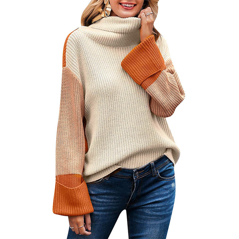Damen nan lockerer Rollkragenpullover mit Colourblock-Ärmeln und weitem Trompetenärmel Echo Archiv