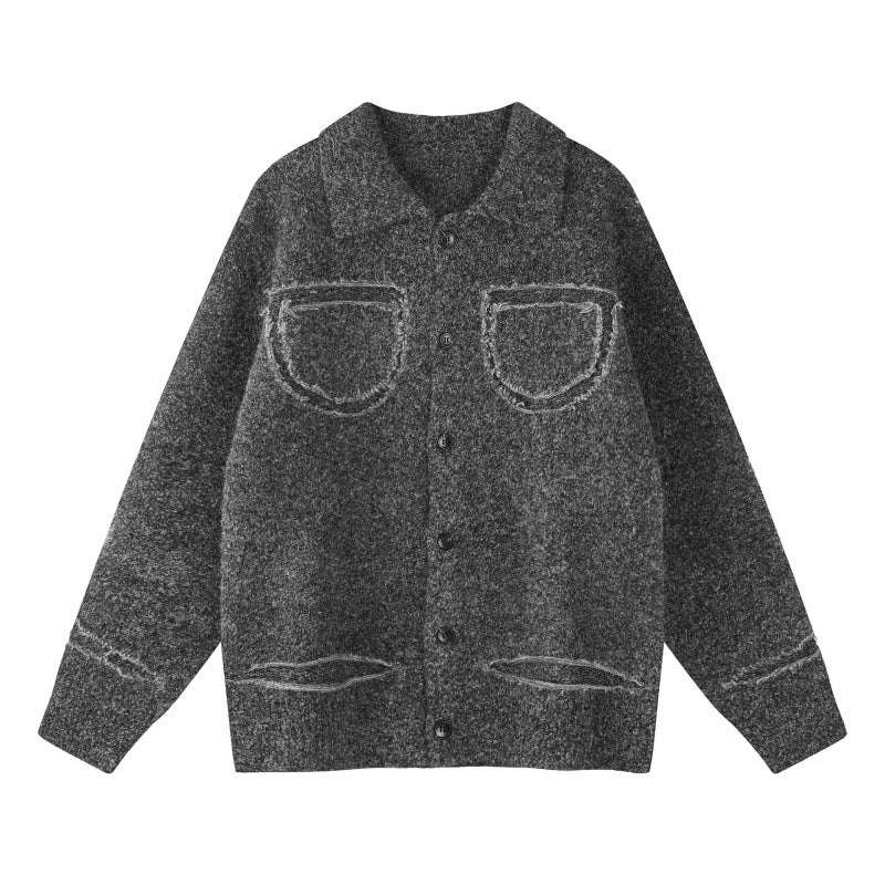 Unisex Oversize Strickjacke im Hemdjacken-Look mit Kragen, aufgesetzten Brusttaschen und Fransenbesatz Echo Archiv