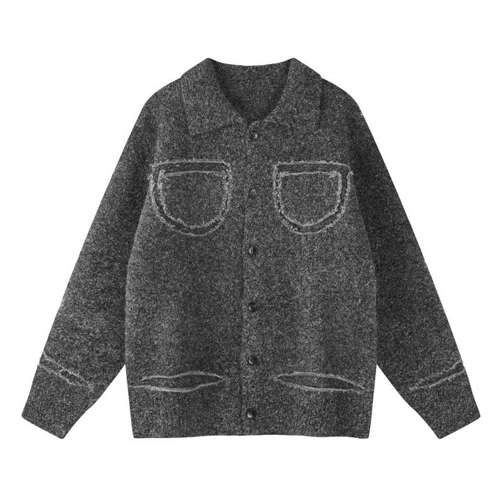 Unisex Oversize Strickjacke im Hemdjacken-Look mit Kragen, aufgesetzten Brusttaschen und Fransenbesatz Echo Archiv