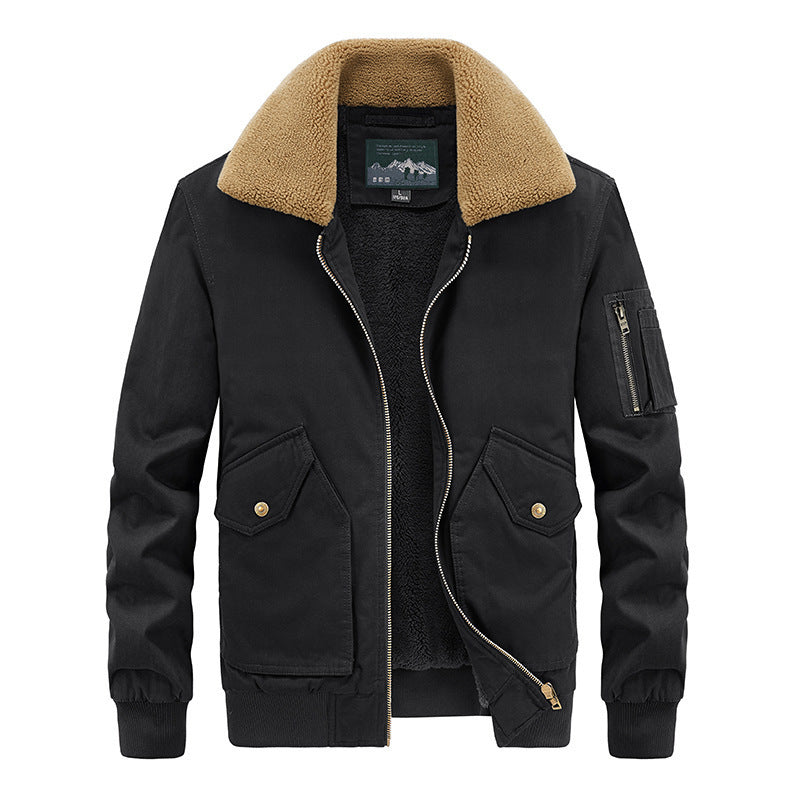 Herren Aviator-Bomberjacke aus Canvas mit Sherpa-Kragen, Teddyfutter und Multifunktionstaschen – Brevano