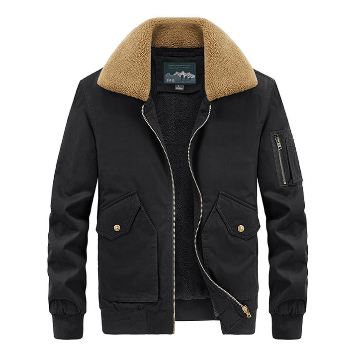 Herren Aviator-Bomberjacke aus Canvas mit Sherpa-Kragen, Teddyfutter und Multifunktionstaschen – Brevano