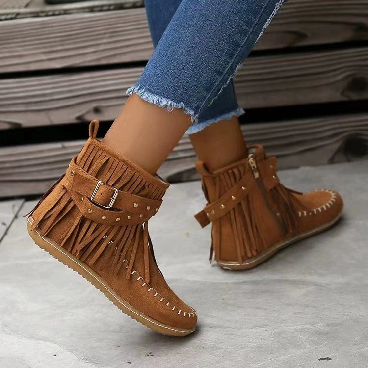 Damen Fransen-Boots im Mokassinstil mit Ziernähten, Schnallenriemen und seitlichem Reißverschluss Echo Archiv
