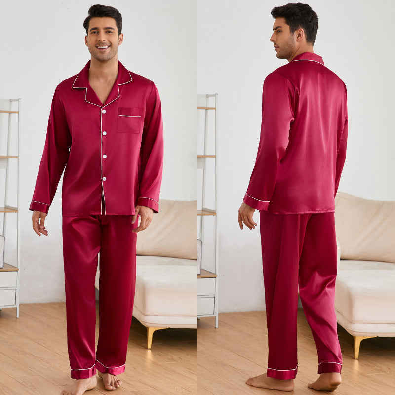 Herren Satin Schlafanzug-Set mit klassischem Kragen und eleganten Kontrastnähten – Marzano