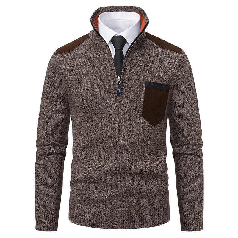 Herren nan Feinstrick-Halbzip-Pullover mit Stehkragen, Brusttasche und Schulterbesatz Echo Archiv