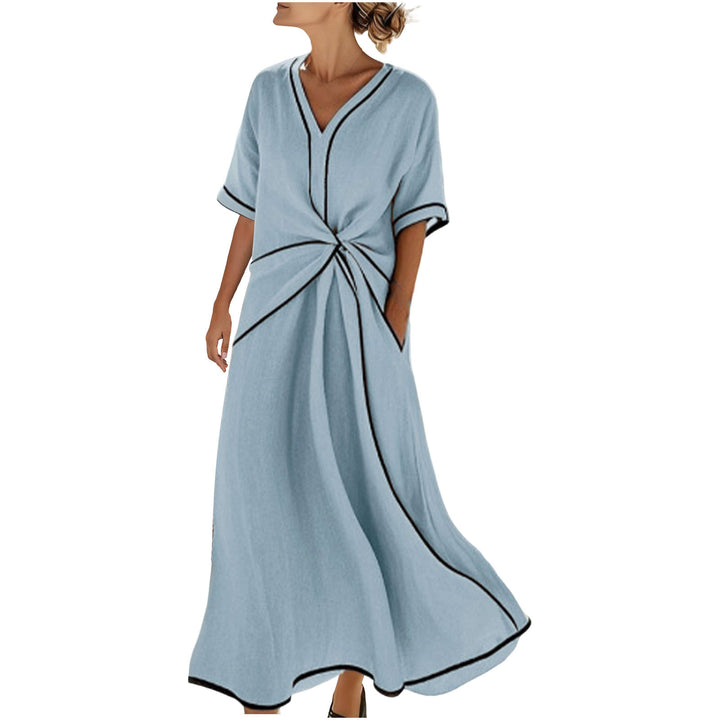 Damen Langes A-Linienkleid mit V‑Ausschnitt, Knoten-Detail und Kontrastpaspel – Élara
