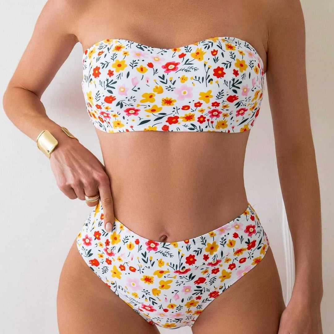 Damen Bandeau-Bikini mit hoch geschnittenem Unterteil und floralem Print Echo Archiv
