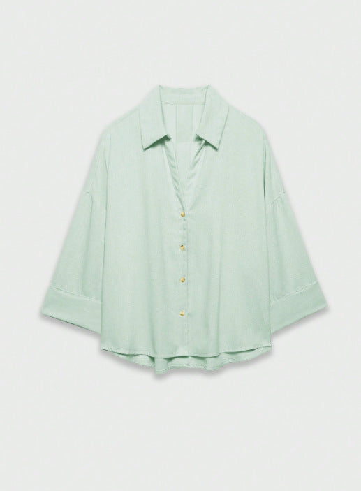 Damen Leichte Oversize Leinenoptik Bluse mit Dreiviertelärmeln und durchgehender Knopfleiste Echoarchiv