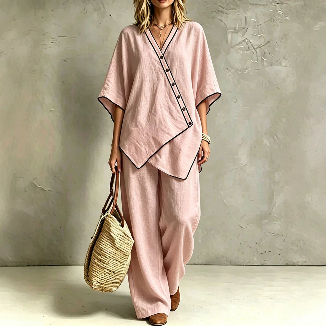 Damen Asymmetrisches Tunika-Loungewear-Set mit diagonaler Knopfleiste und weiter Palazzohose – Élanora