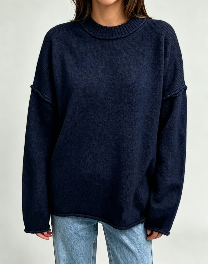 Damen Oversize-Boxy-Pullover mit kurzem Stehkragen und dekorativer Kantennaht – Mavelle