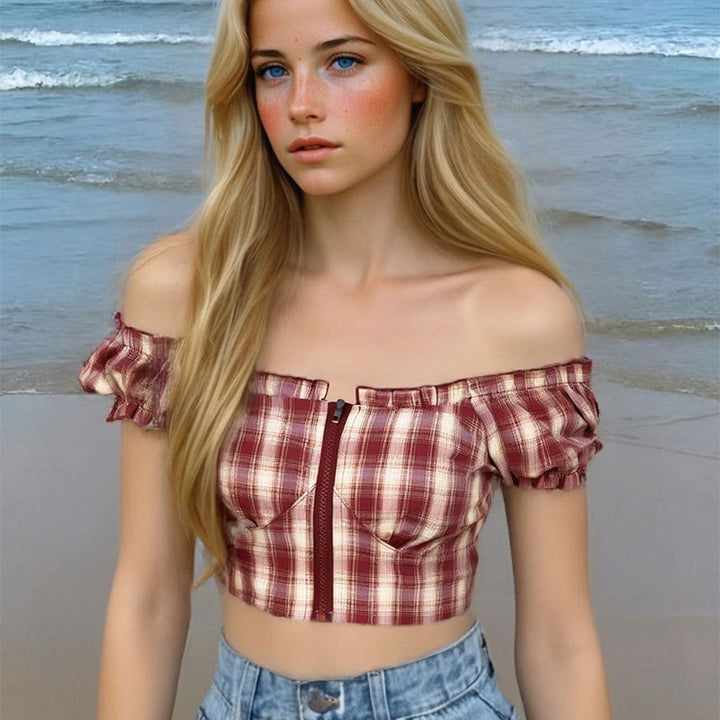 Damen Cropped Bluse mit Puffärmeln und Reißverschluss Echo Archiv