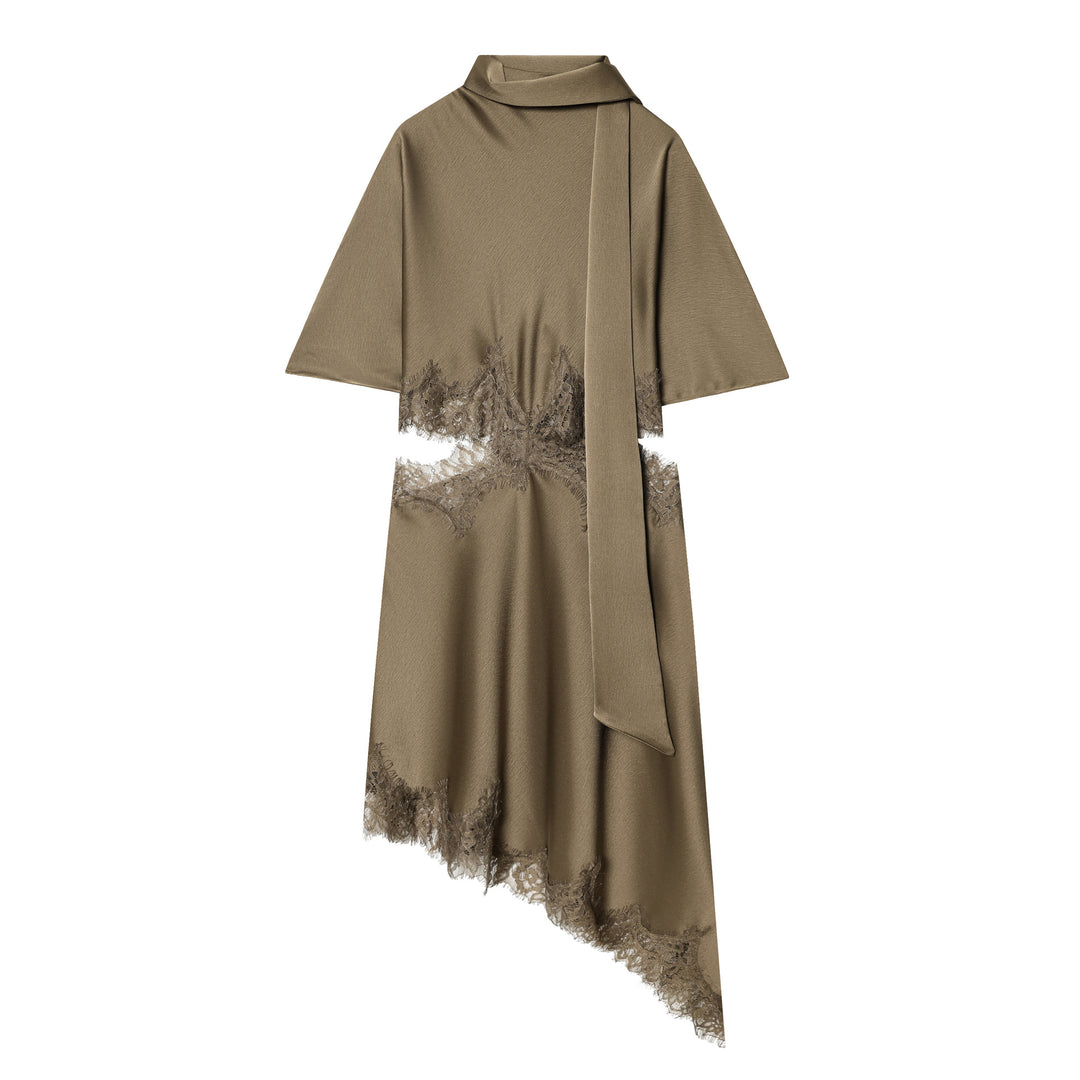 Damen asymmetrisches Cape-Midikleid mit Stehkragen, Schal und zarter Spitzensaum – Élara