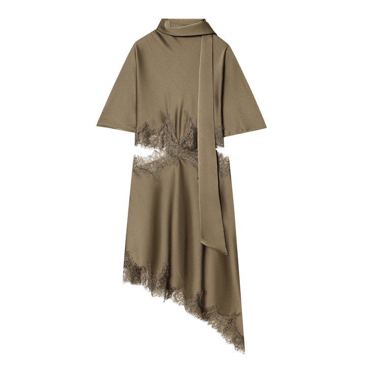 Damen asymmetrisches Cape-Midikleid mit Stehkragen, Schal und zarter Spitzensaum – Élara