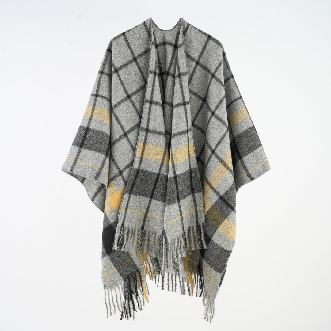 Damen Weicher Wollmix-Überwurfponcho im tartan-inspirierten Karo mit Fransen – Célinea