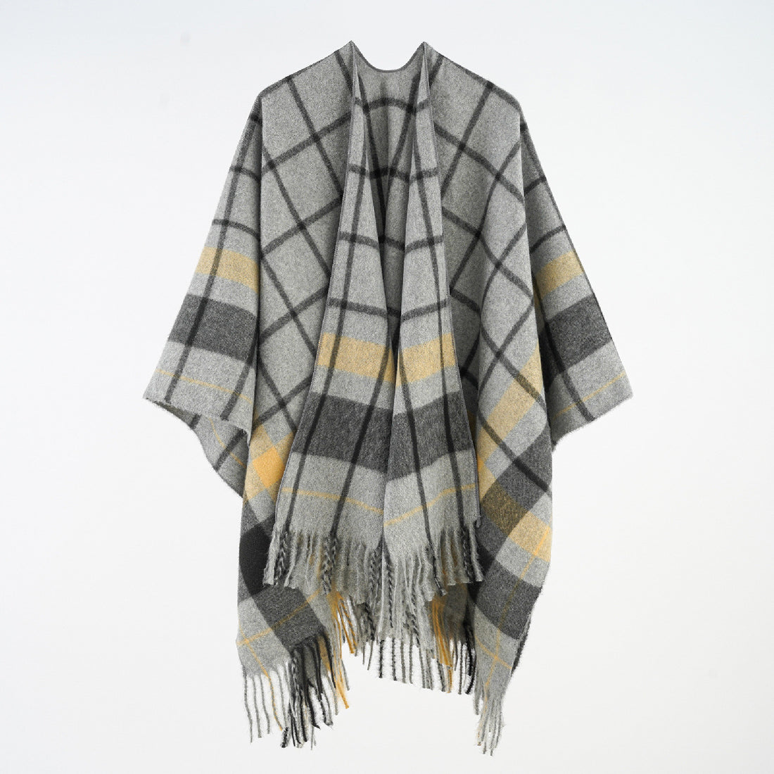 Damen Weicher Wollmix-Überwurfponcho im tartan-inspirierten Karo mit Fransen – Célinea