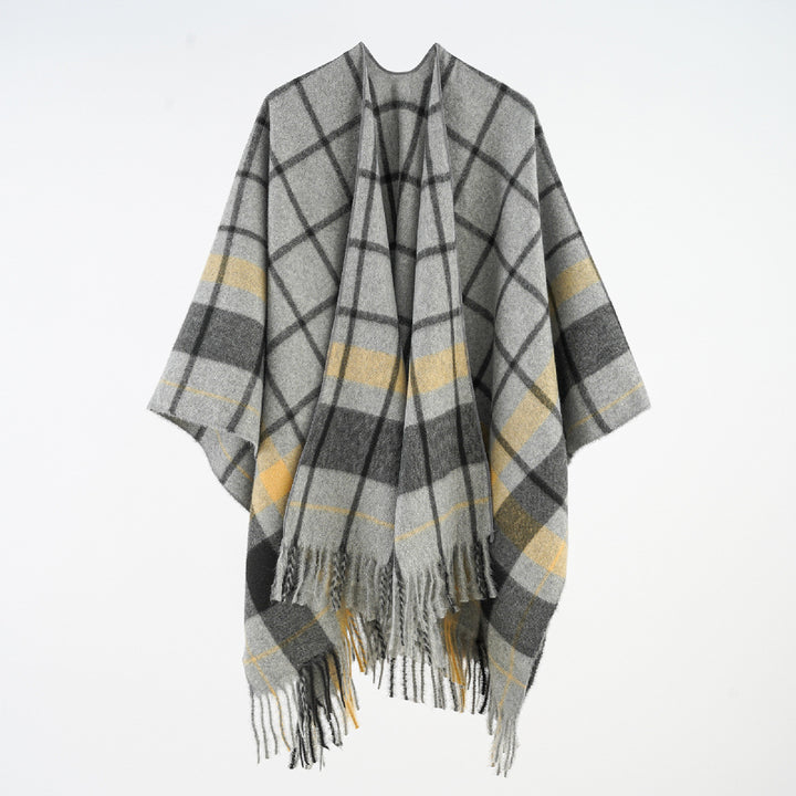 Damen Weicher Wollmix-Überwurfponcho im tartan-inspirierten Karo mit Fransen – Célinea
