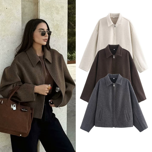 Damen Oversize Wollmix-Boxyjacke mit durchgehendem Reißverschluss und Eingrifftaschen Echo Archiv