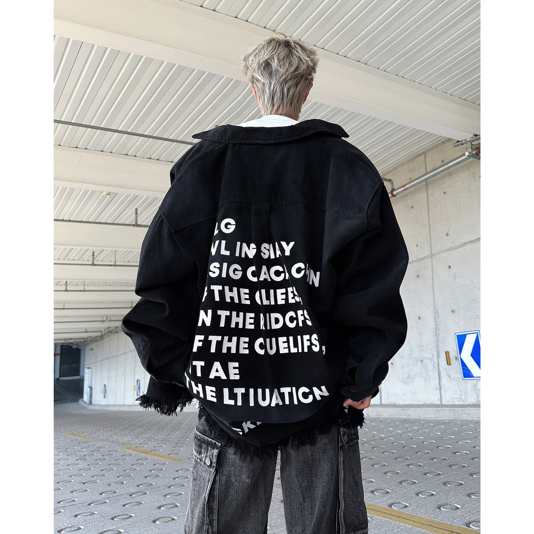 Herren Oversize-Denimjacke mit Fransen und grafischem Druck Echoarchiv