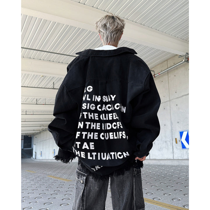 Herren Oversize-Denimjacke mit Fransen und grafischem Druck Echoarchiv