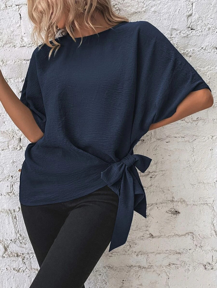 Damen Oversize Kurzarm-Top mit seitlicher Schleife und Crinkle-Struktur Echo Archiv