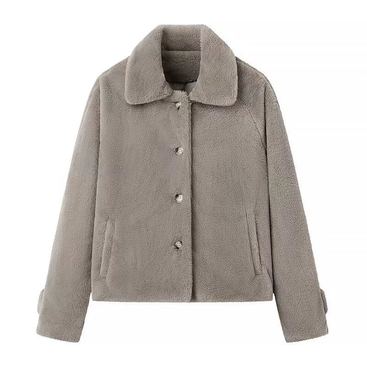 Damen Kurz geschnittene Teddy‑Fleecejacke mit Hemdkragen, verdeckter Knopfleiste und Eingrifftaschen Echo Archiv