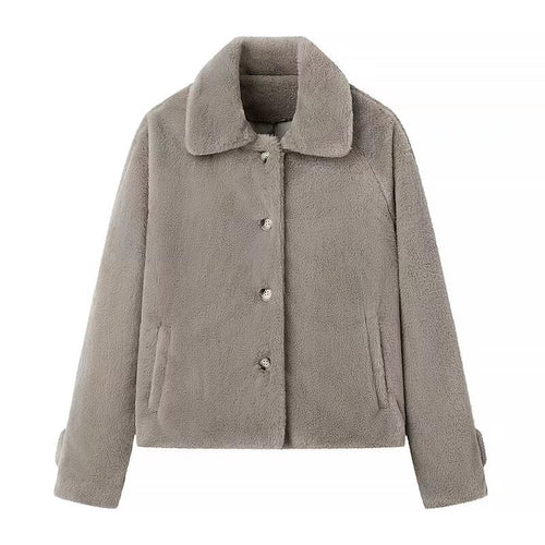 Damen Kurz geschnittene Teddy‑Fleecejacke mit Hemdkragen, verdeckter Knopfleiste und Eingrifftaschen Echo Archiv