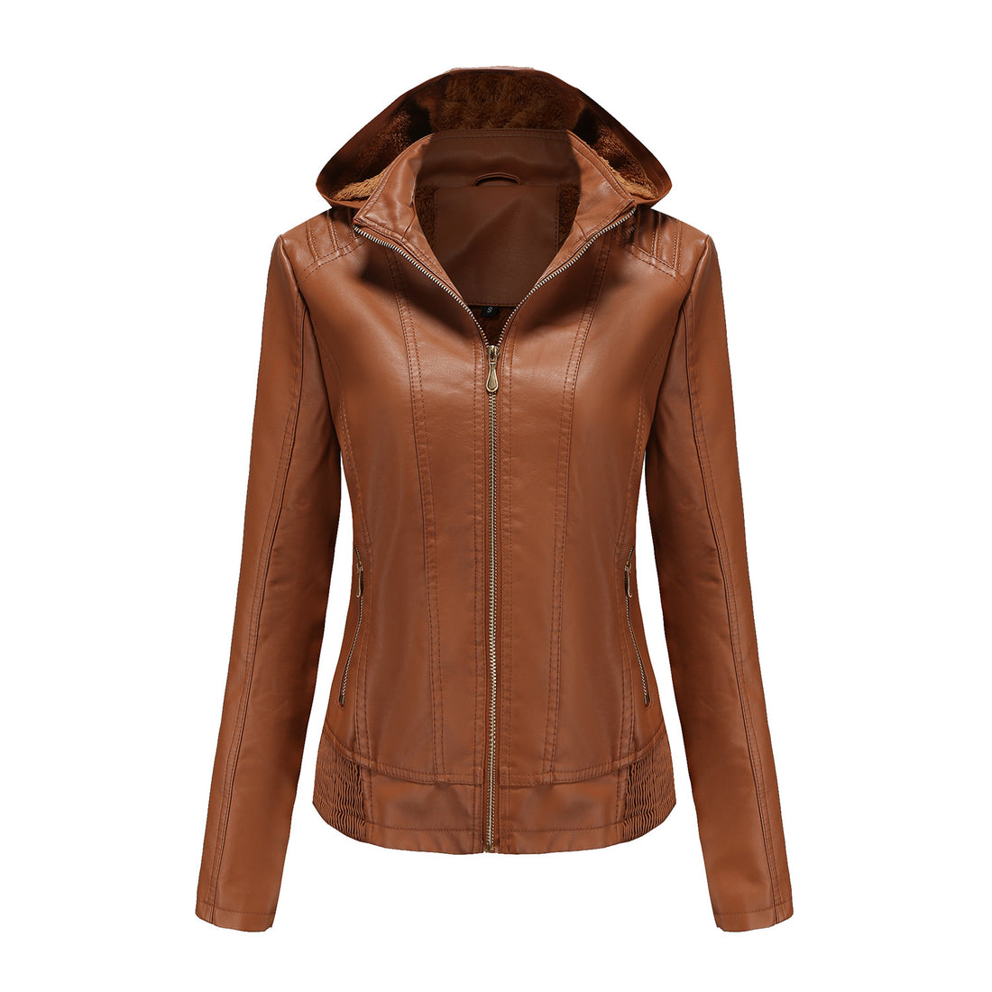 Damen taillierte Kunstlederjacke mit Kapuze, wattiertem Innenfutter und verdeckten Reißverschlusstaschen – Célinea