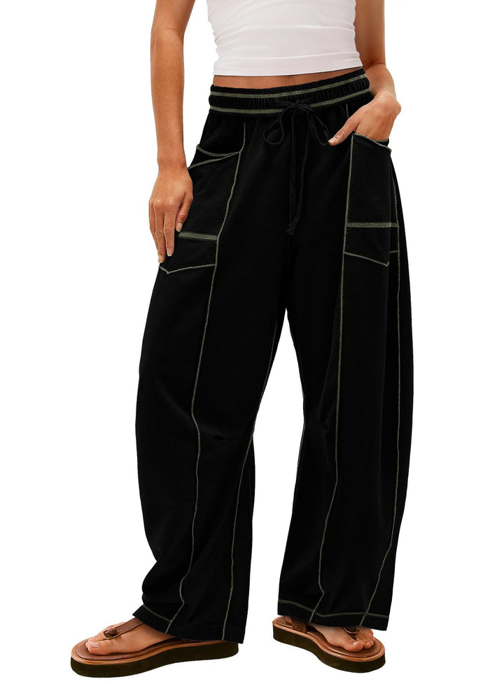 Damen weite Cargo-Loungehose mit elastischem Bund und Kontrastnähten – Avérine