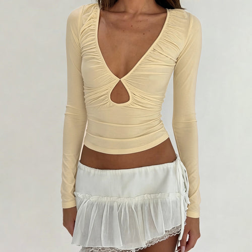 Damen nan tailliertes Langarmshirt mit tiefem V-Ausschnitt, Raffung und Schlüssel‑Cutout Echo Archiv