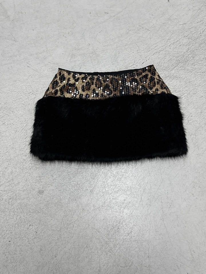 Damen glitzerndes Leopardenmuster Oberteil mit Kunstfellbesatz Echo Archiv