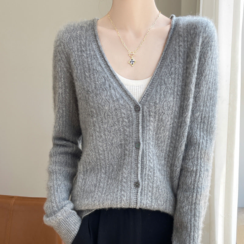 Damen Kurzer Zopfmuster-Cardigan im Mohair-Look mit V‑Ausschnitt und gerippten Bündchen Echoarchiv