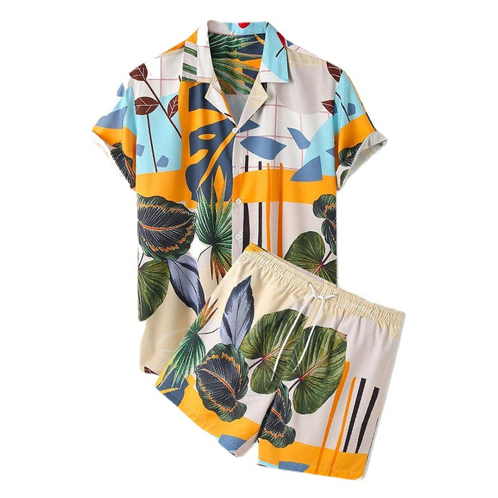 Herren Freizeit Hemd und Shorts Set mit farbenfrohem Pflanzenmuster Echoarchiv