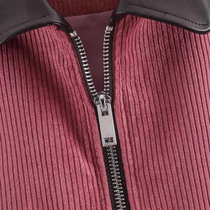 Damen Kurze Cordjacke mit Reißverschluss, großen Pattentaschen und Kunstlederkragen Echoarchiv