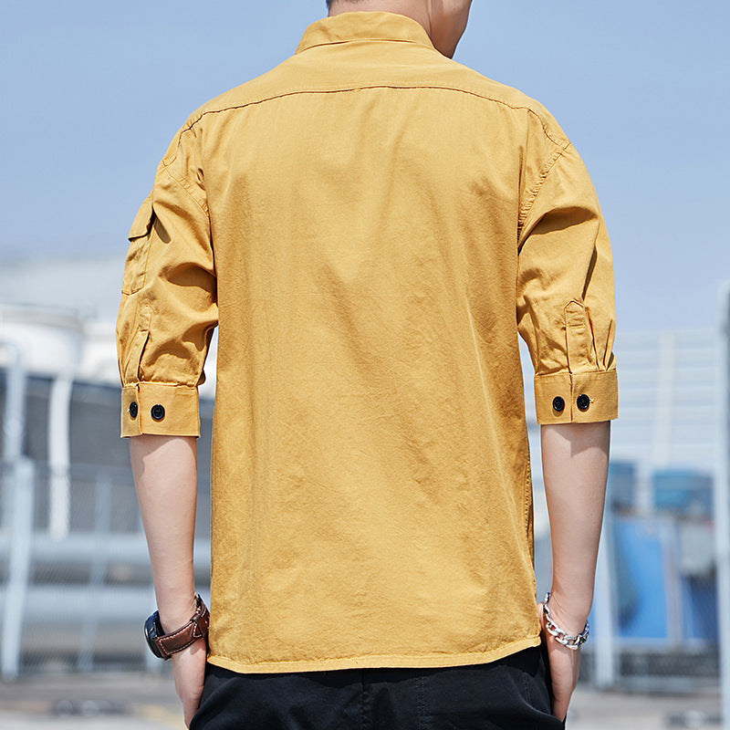 Herren Overshirt‑Hemdjacke im leichten Canvas‑Look mit aufgesetzten Fronttaschen und verkürzten Ärmeln Echoarchiv