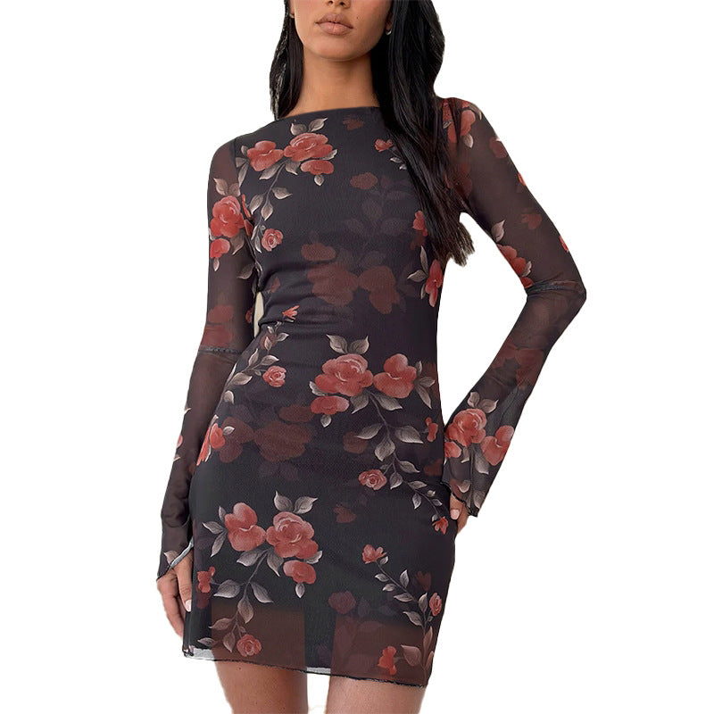 Damen lässiges Minikleid mit floralem Muster und transparenten Ärmeln Echo Archiv