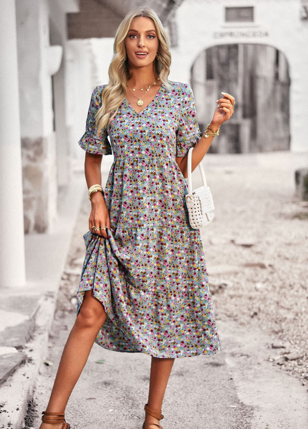 Damen Midikleid mit floralem Muster und A-Linien-Schnitt Echo Archiv