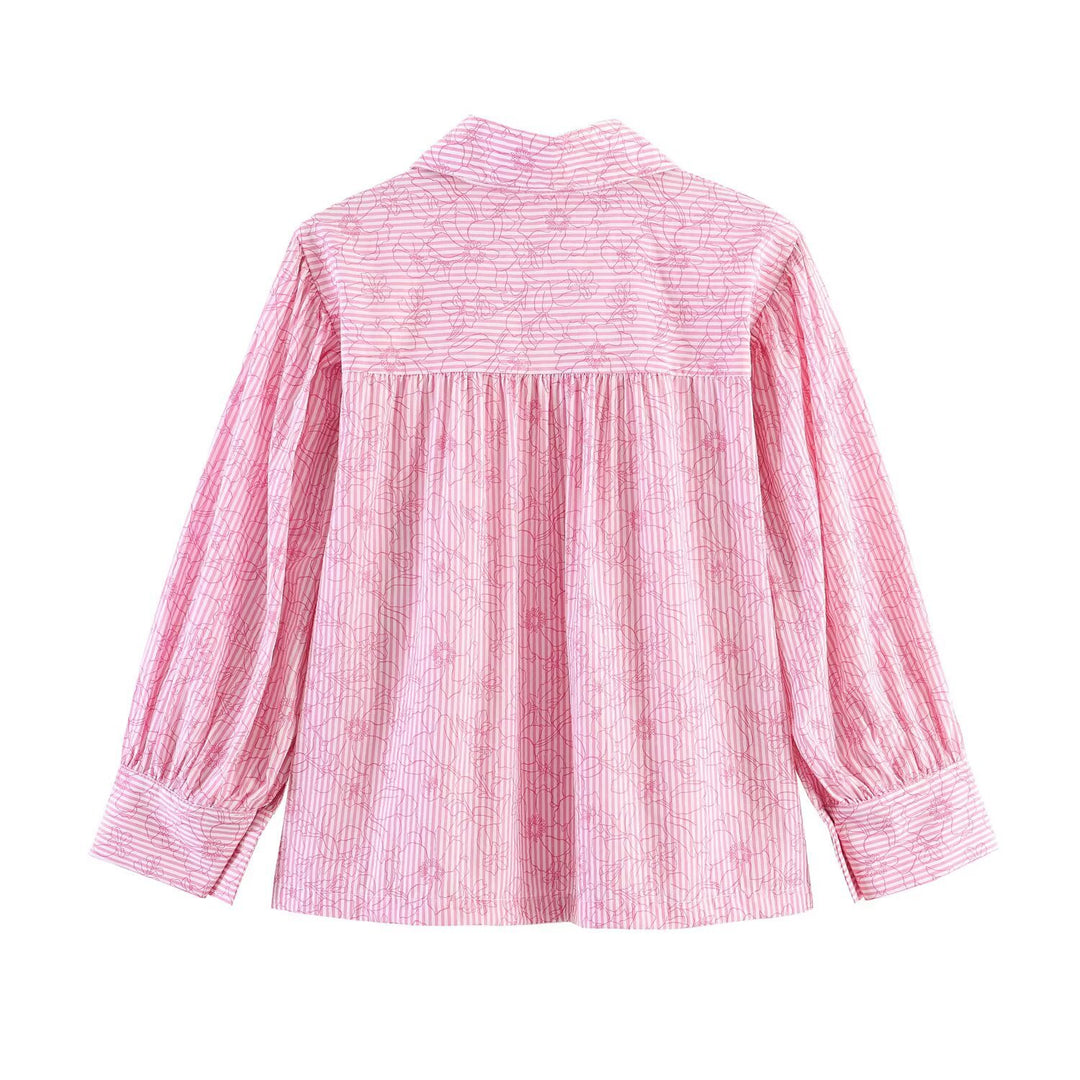 Damen Gestreifte Baumwollbluse mit Puffärmeln und Tonaler Stickerei Echo Archiv