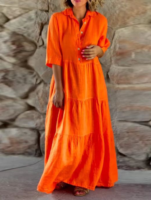 Damen nan langes Hemdblusenkleid mit geraffter Taillennaht, dreiviertelärmeln und stufigem Volantrock Echo Archiv