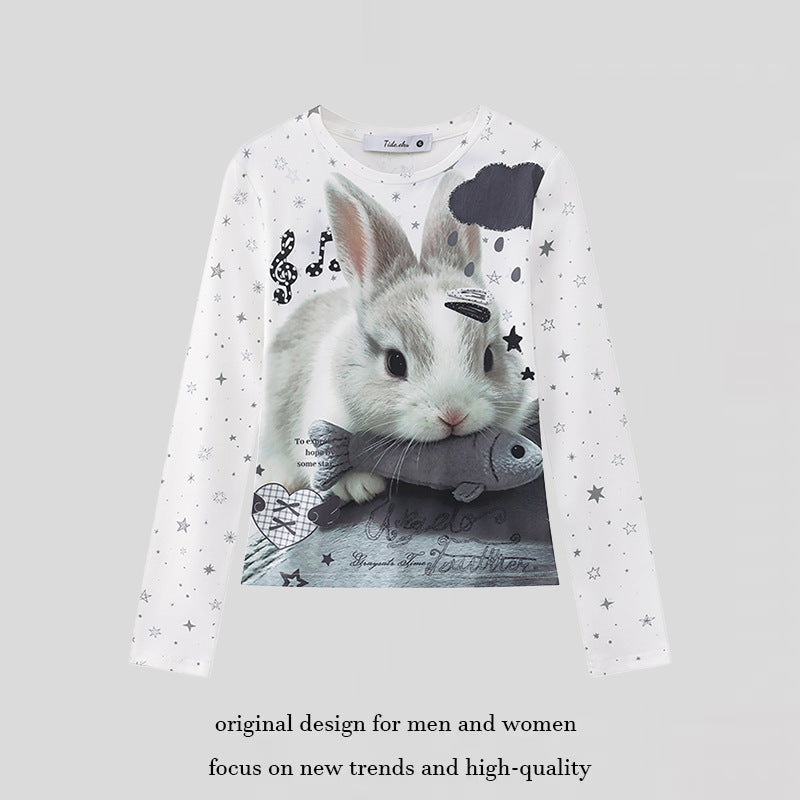 Damen Langarmshirt mit fotorealistischem Hasen-Fotoprint, Allover-Sternenmuster und elastischem Jersey Echoarchiv