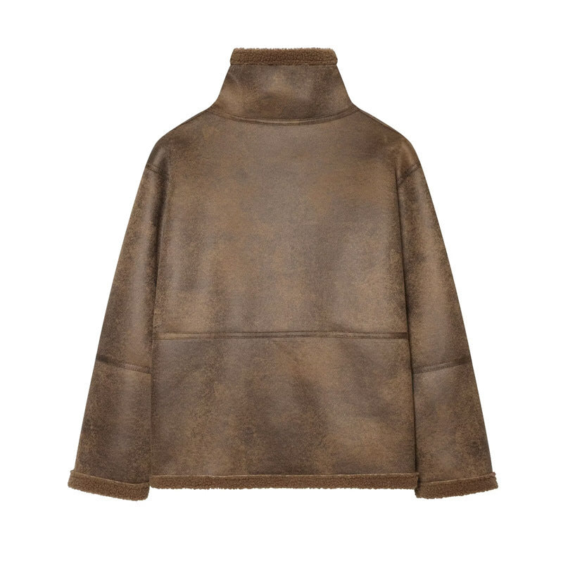 Damen Kurzjacke in Lammfelloptik mit Stehkragen, Knopf- und Schnallenverschluss Echo Archiv
