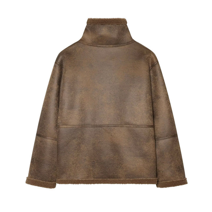 Damen Kurzjacke in Lammfelloptik mit Stehkragen, Knopf- und Schnallenverschluss Echo Archiv