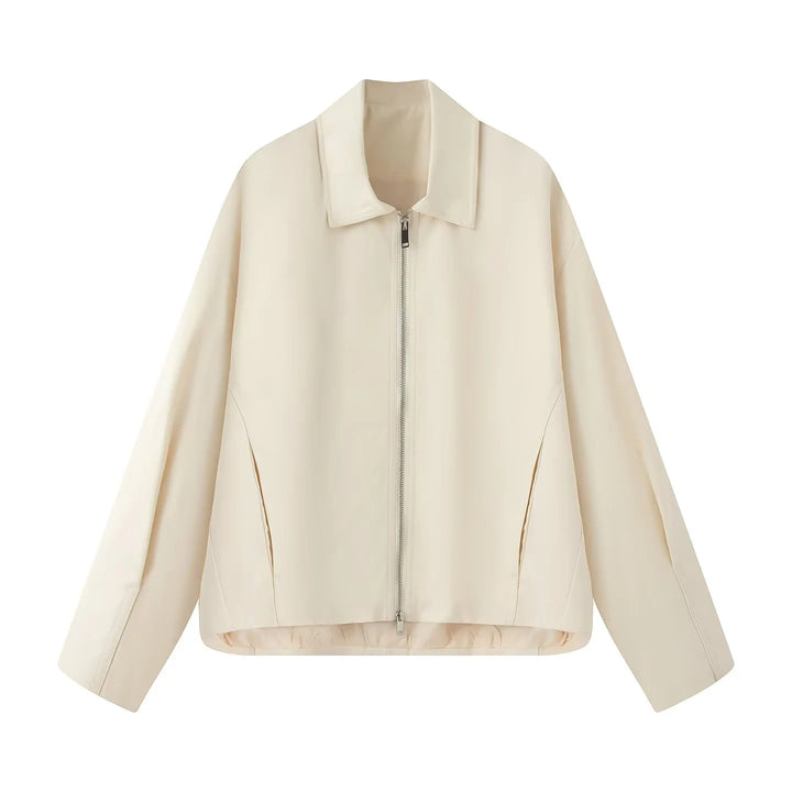 Damen leichte lässige Boxy-Blousonjacke mit verdecktem Zwei-Wege-Reißverschluss, hohem Kragen und seitlichen Eingrifftaschen – Célinea