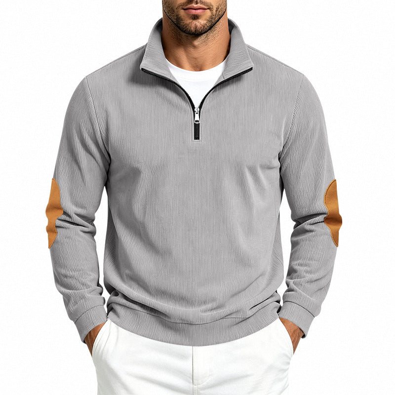 Herren Feinstrick-Halbzip-Pullover mit Cordstruktur und Kontrast-Ellbogenpatch Echoarchiv