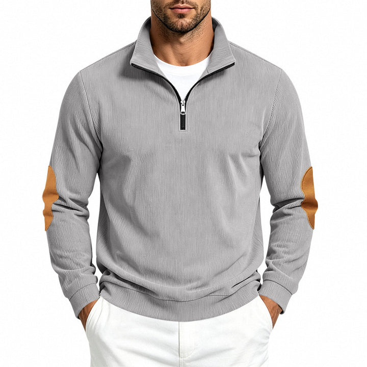 Herren Feinstrick-Halbzip-Pullover mit Cordstruktur und Kontrast-Ellbogenpatch Echoarchiv
