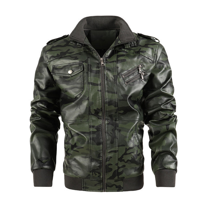 Herren Camouflage Kunstleder Biker-Blouson mit Schulterklappen, Reißverschluss‑Detail und Rippbündchen – Taviero