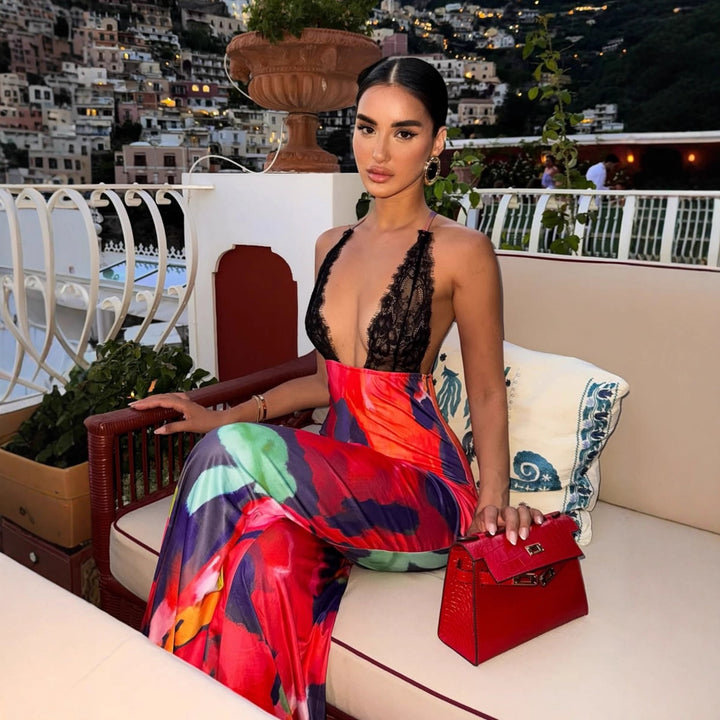Damen figurbetontes Maxikleid mit floralem Muster und Spitze Echo Archiv