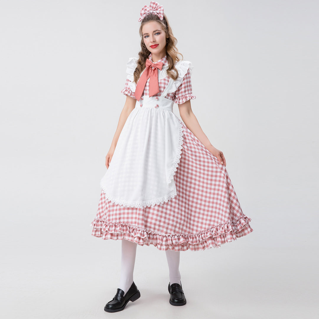 Damen nan Vintage-inspiriertes Karo-Swingkleid mit abnehmbarer Schürze, Rüschenärmeln und Schleifenkragen Echo Archiv